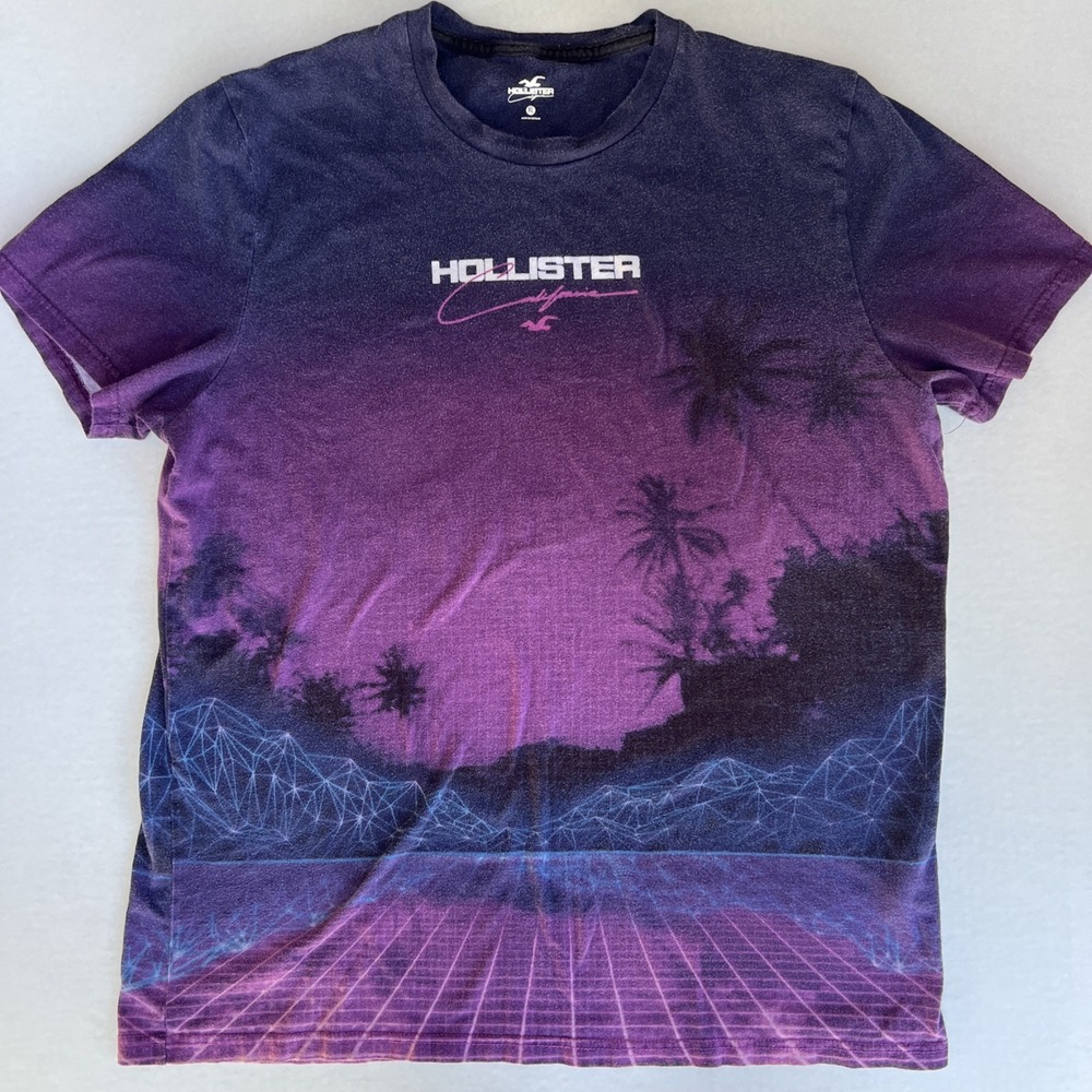 Hollister Retro Men Shirt XL Purple Graphic Print Palm Trees Logo Tropical